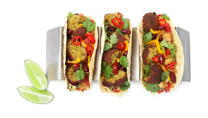 Tasty vegetarian tacos with falafel, tofu, beans, vegetables and lime isolated on white, top view