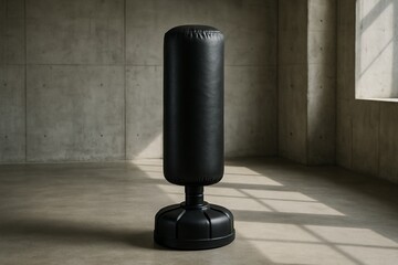 Black punching bag in empty modern gym space