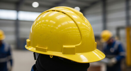 Yellow Hard Hat Safety Gear - Close-up of a yellow hard hat, safety equipment for construction or industrial work. Blurred background shows workers