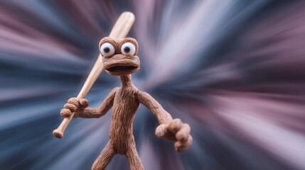 Wooden creature holding baseball bat on dynamic background