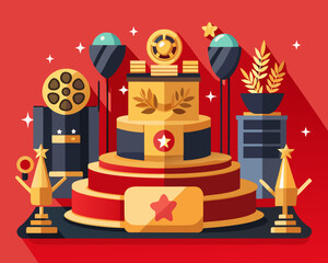 Celebration of achievement with trophies and awards