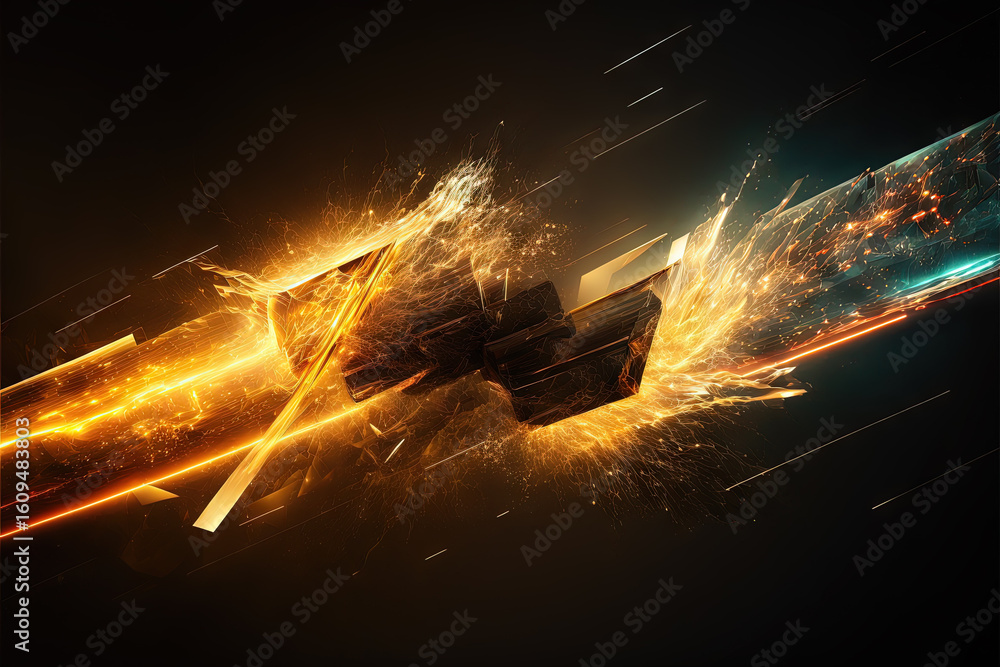 Poster abstract 3d explosion with golden shards and glowing dynamic particles