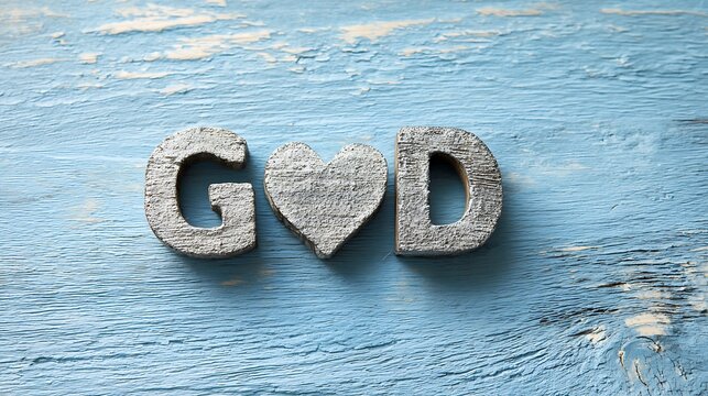 Word God and heart symbol on blue painted wooden surface with soft light showing faith and spiritual love