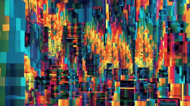 abstract RGB glitch collapse, retro 8bit city disintegrating falling neon pixel mosaics, psychedelic grid RGB distortion, data moshed particles, pixel rain, cyberpunk 90s aesthetic, synthwave colors