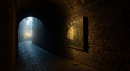 Fototapeta premium Mysterious Stone Archway Alleyway, Dark Cobblestone Street, Painting on Wall, Gloomy Atmosphere
