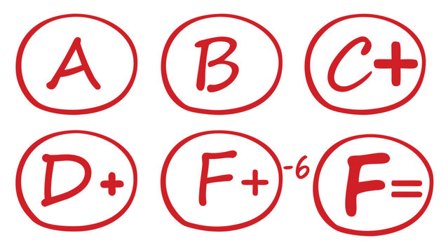Handwritten Grades from A to Failing F in Red Circles Education Performance Results