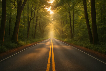 Fototapeta premium Sunlit forest road with double yellow lines, surrounded by trees in a peaceful, scenic morning landscape.