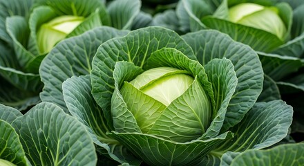 Obraz premium Close up of fresh green cabbage heads growing in a field vegetable healthy