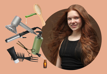 Young girl with beautiful healthy hair surrounded by hair care products and tools. Collage on dark...