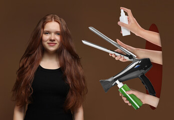 Young girl with beautiful healthy hair on brown background. Hairdressers' hands with hair care...