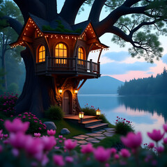 Charming Treehouse with Warm Lights &ndash; Peaceful Forest Escape