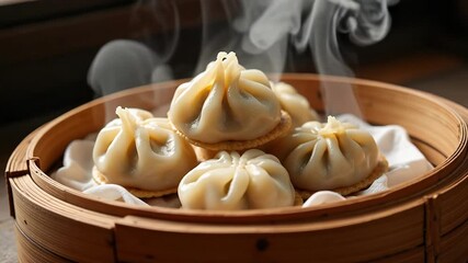 Steaming Assamese Pork Momos: A Taste of Authentic Asian Cuisine, Exquisite Dumplings in a Bamboo Basket, Rising Heat, Delicate, and Perfect