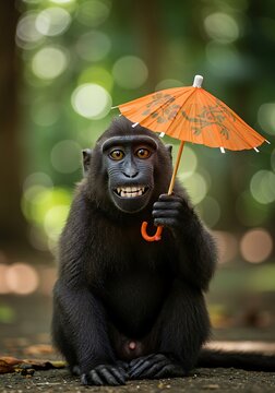 Young monkey hiding face under orange umbrella