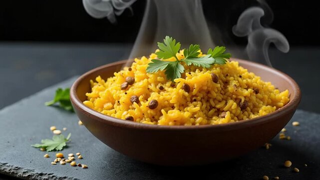 Savory Poha Breakfast Delight: Steaming Bowl of Indian Flavors with Mustard Seeds, Coriander, and Mist-Like Vapor on Charcoal Slate