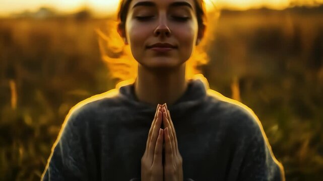 Woman meditating in golden field at sunset