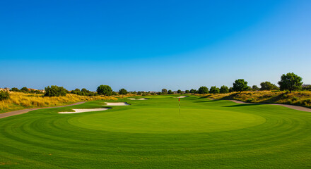 緑のゴルフ場の芝とゴルフ