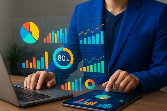 Data analytics dashboard, business performance metrics, chart visualization, digital report, financial statistics, business intelligence - Powered by Adobe