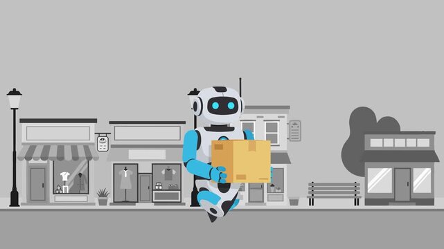 2D vector animation of a robotic courier carrying a package while walking in a grayscale city environment. Concept of futuristic urban delivery by artificial intelligence, designed for logistics