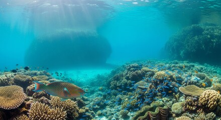 Fototapeta premium Vibrant Coral Reef Ecosystem - Stunning underwater scene of a healthy coral reef teeming with diverse marine life, including vibrant fish and coral formations