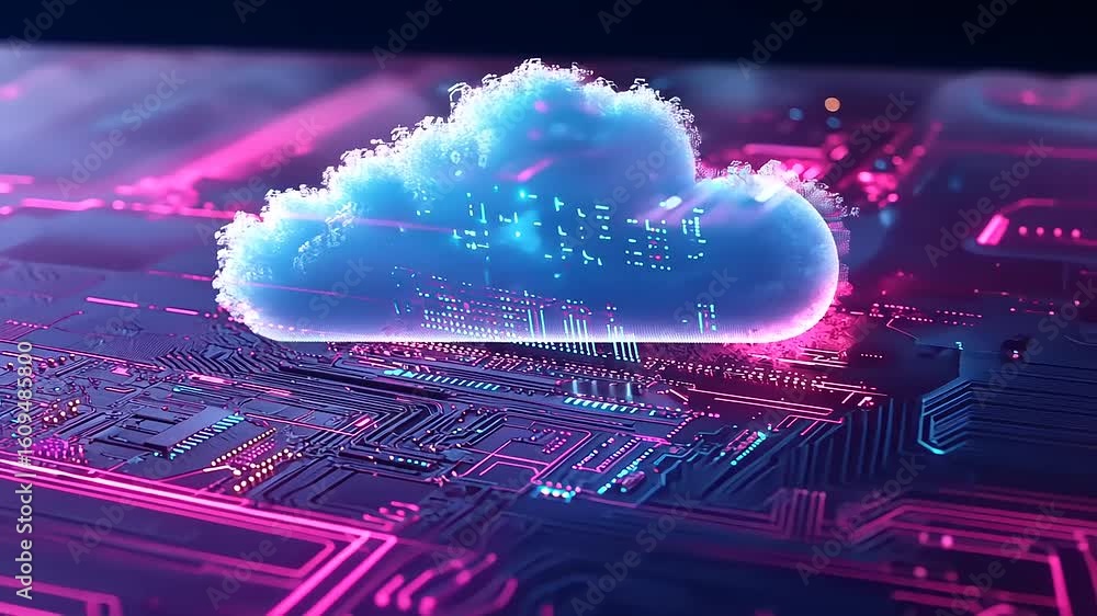 Poster futuristic cloud computing concept with vibrant neon colors and digital circuitry in a tech landscap