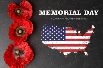 Memorial day poster. USA country border with American flag and red poppies on black background, top...