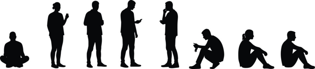 Cad drawing flat vector illustration, human silhouette poses, digital black figures, social lifestyle concept, modern editable posture icon design