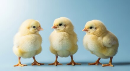 Fototapeta premium Three Adorable Yellow Chicks on Blue - Three fluffy yellow chicks stand together against a soft blue background, symbolizing new beginnings, spring, growth, innocence, and fragility
