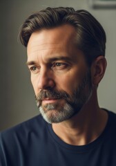 Fototapeta premium Thoughtful Man Portrait - A contemplative man, head tilted, showcasing introspection, maturity, and quiet strength. The conveys peace, wisdom, and gentle masculinity