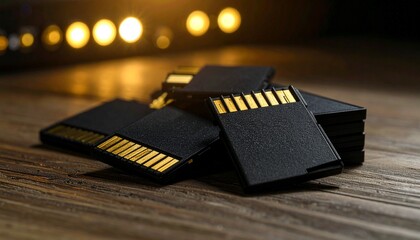 Stack of blank digital memory cards on a wooden desk beside a glowing LED panel, low light cinematic mood with deep shadows