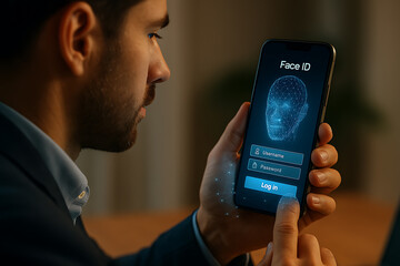 Face ID login authentication on smartphone, biometric security, digital access, password protection, mobile privacy, secure technology