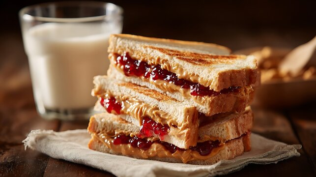 Stacked peanut butter and jelly sandwiches sit on a napkin next to a glass of milk. Shows comfort food. Use for marketing, design, editorial, and web use.