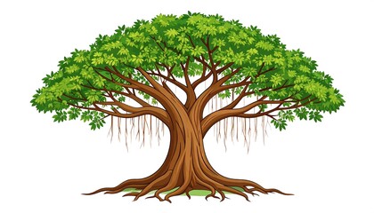 Large, vibrant green tree with thick trunk and roots