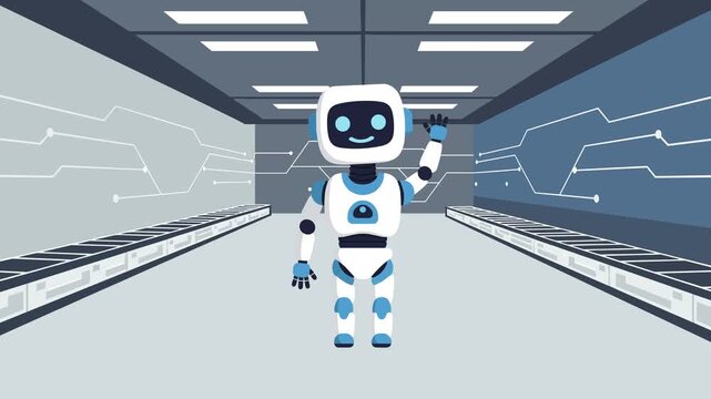 2D white and blue robot cheerfully waving in a high-tech corridor with futuristic wall panels. Clean and minimal design perfect for sci-fi concepts or AI communication visuals.