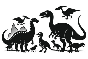 Silhouette of a family of dinosaurs with a prehistoric landscape background
