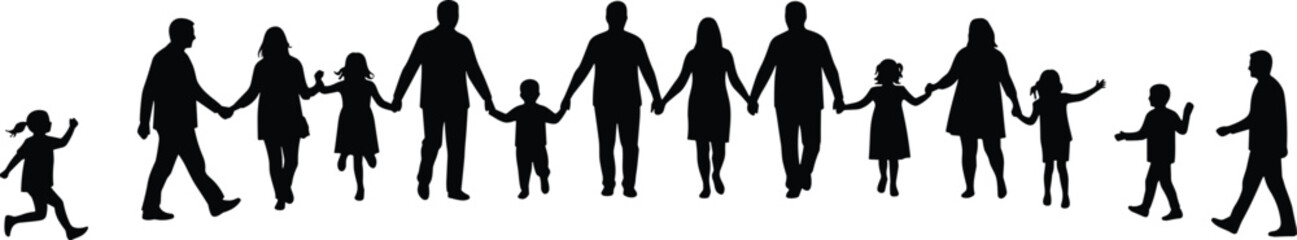 Silhouette of diverse family, holding hands, unity, bonding, togetherness, people group, community strength, black and white, vector design, children,  