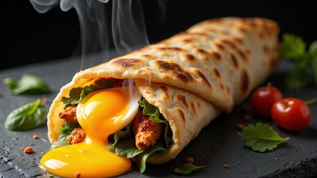 Warm Stuffed Kathi Roll with Egg and Spiced Chicken Video: Paratha Perfection! Savory Street Food Delight with Escaping Vapor and Dark Base