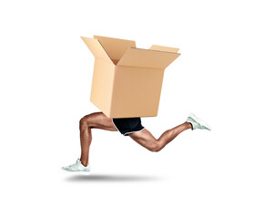 Open cardboard box with man's legs running on white background. Fast delivery