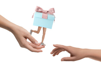 Gift box with woman's legs running from one hand to another on white background. Fast delivery