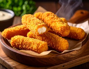 Crispy golden fried cheese sticks with a creamy melted mozzarella center, served in a rustic wooden bowl with a side of dipping sauce.
