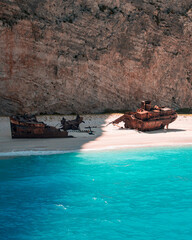 Aerial Panoramic View of Navagio Beach (Shipwreck Beach) in Zakynthos, Greece – Stunning Cliffs,...