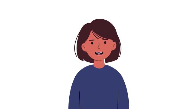 Cartoon woman with dark red skin tone and short brown hair talks while smiling in front of a plain white background. The animation uses a flat 2D style ideal for diversity-focused content and educatio