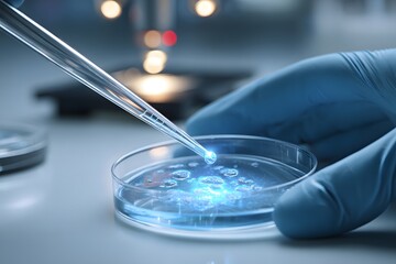 Extreme close-up of a scientist in a lab using a micropipette for genetic research or pharmaceutical development in a petri dish.

