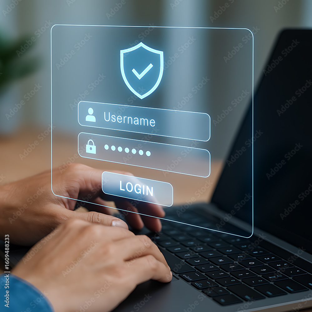 Poster secure login authentication with username and password, cybersecurity protection, digital access, da