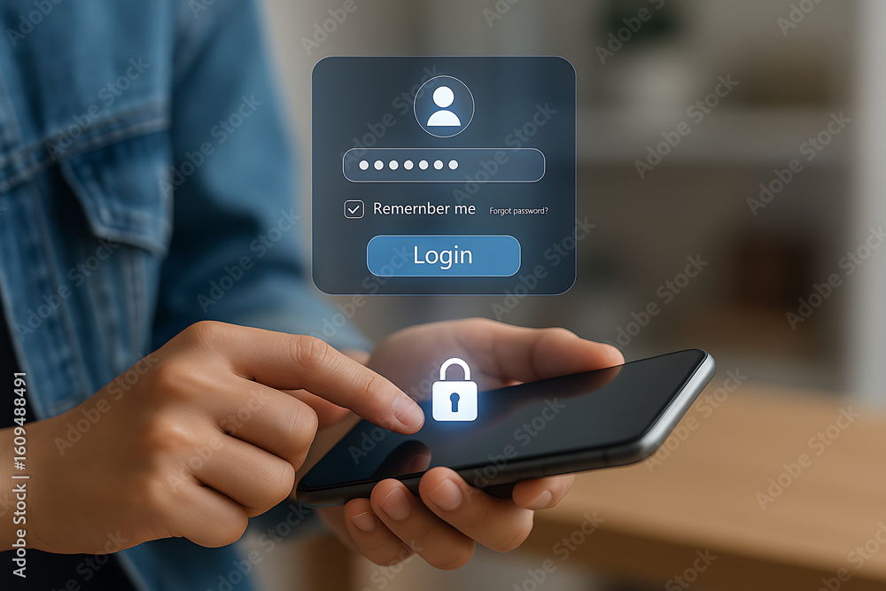 Aufkleber secure login on mobile phone with password and lock icon, user authentication, online security, and 