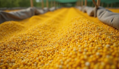 Fototapeta premium Close-up of yellow and orange seeds neatly arranged in rows on natural material and green mesh, evoking harvest, organic farming, and care in food production. Ideal for eco-agriculture themes