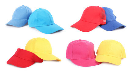 Baseball and visor caps in different colors isolated on white, set