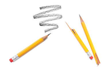 Graphite pencils with erasers on white background, set