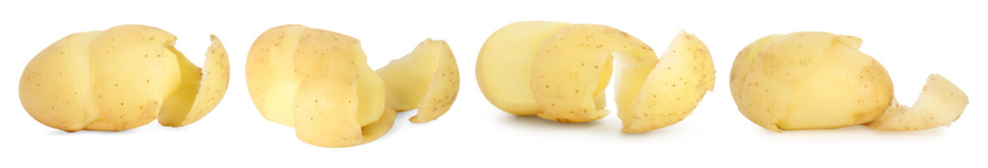 Fresh potatoes with peels isolated on white, set