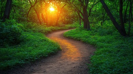 Fototapeta premium Forest path at sunset, serene and inviting scene
