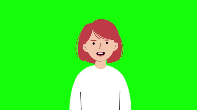 Animated flat style woman with red hair and white shirt, speaking directly to the camera. Chroma key background for seamless integration in explainer videos or e-learning platforms.